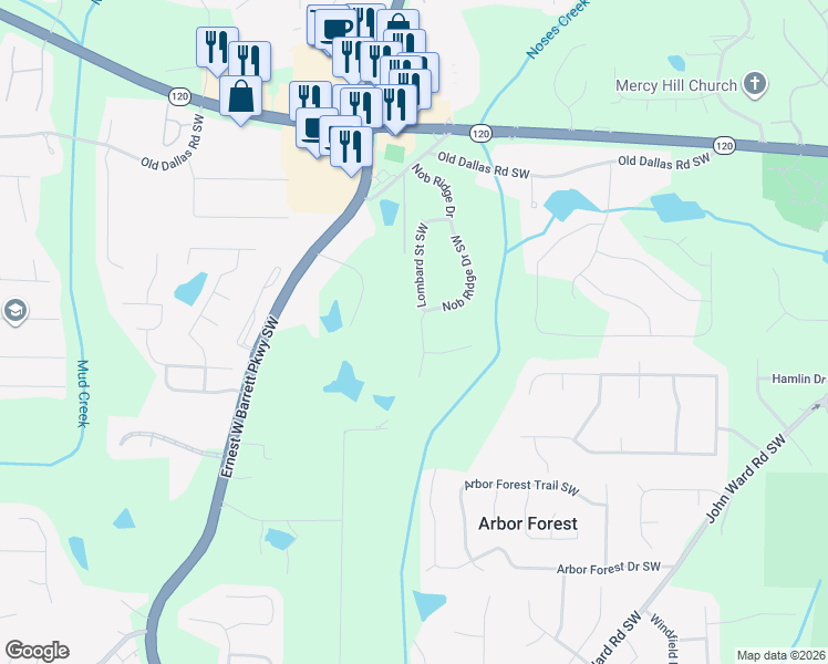 map of restaurants, bars, coffee shops, grocery stores, and more near 828 Nob Ridge Drive Southwest in Marietta