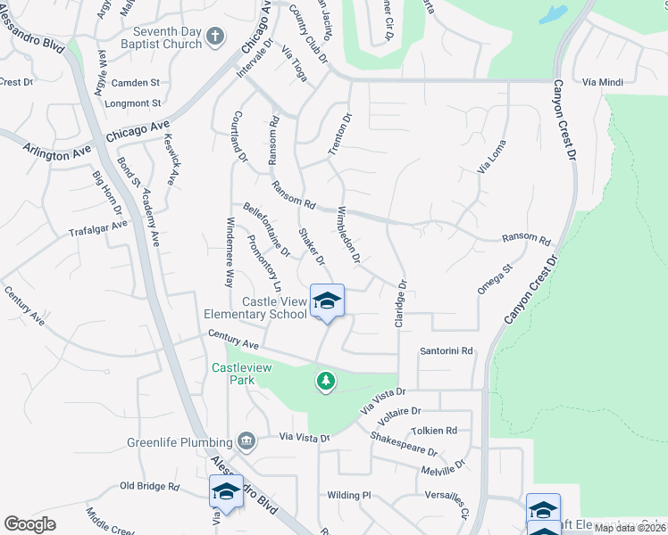 map of restaurants, bars, coffee shops, grocery stores, and more near 6187 Shaker Drive in Riverside