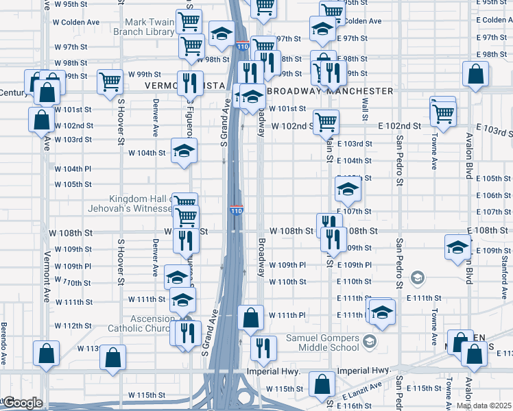 map of restaurants, bars, coffee shops, grocery stores, and more near 10617 South Broadway in Los Angeles