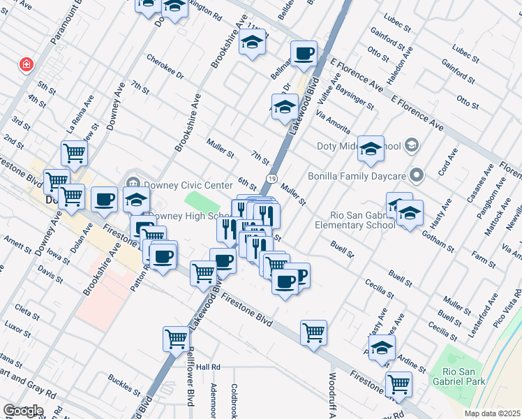 map of restaurants, bars, coffee shops, grocery stores, and more near 10720 Lakewood Boulevard in Downey