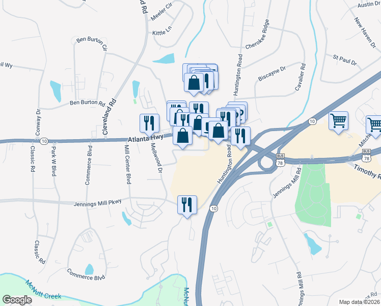 map of restaurants, bars, coffee shops, grocery stores, and more near 125 Arrowhead Road in Bogart