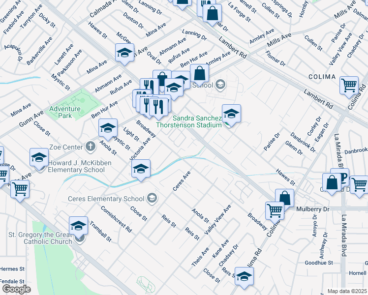 map of restaurants, bars, coffee shops, grocery stores, and more near 10241 Ruoff Avenue in Whittier