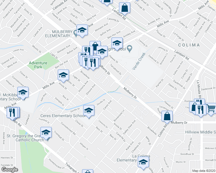 map of restaurants, bars, coffee shops, grocery stores, and more near 10241 Ruoff Avenue in Whittier