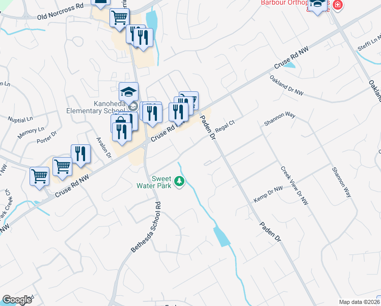 map of restaurants, bars, coffee shops, grocery stores, and more near 2552 W Regal Ct in Lawrenceville