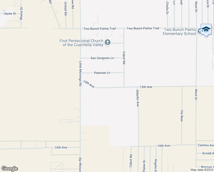 map of restaurants, bars, coffee shops, grocery stores, and more near 15th Avenue in Desert Hot Springs
