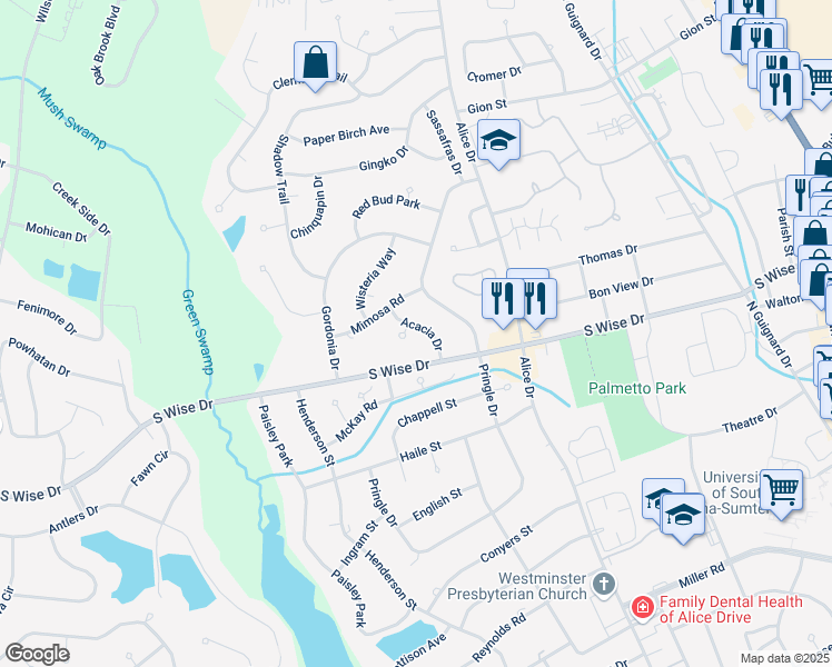 map of restaurants, bars, coffee shops, grocery stores, and more near 822 Acacia Drive in Sumter