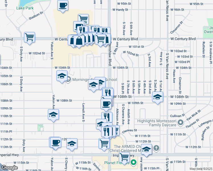map of restaurants, bars, coffee shops, grocery stores, and more near 10711 South 10th Avenue in Inglewood