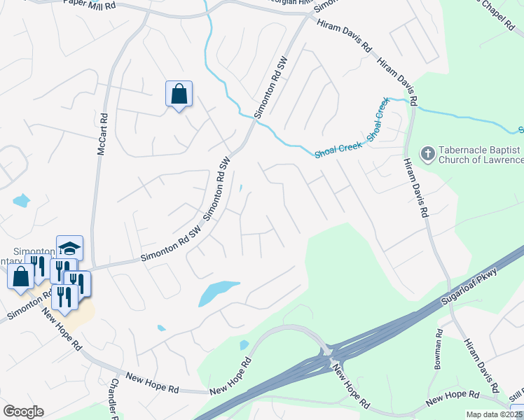 map of restaurants, bars, coffee shops, grocery stores, and more near 1093 Simonton Hill Court Southeast in Lawrenceville
