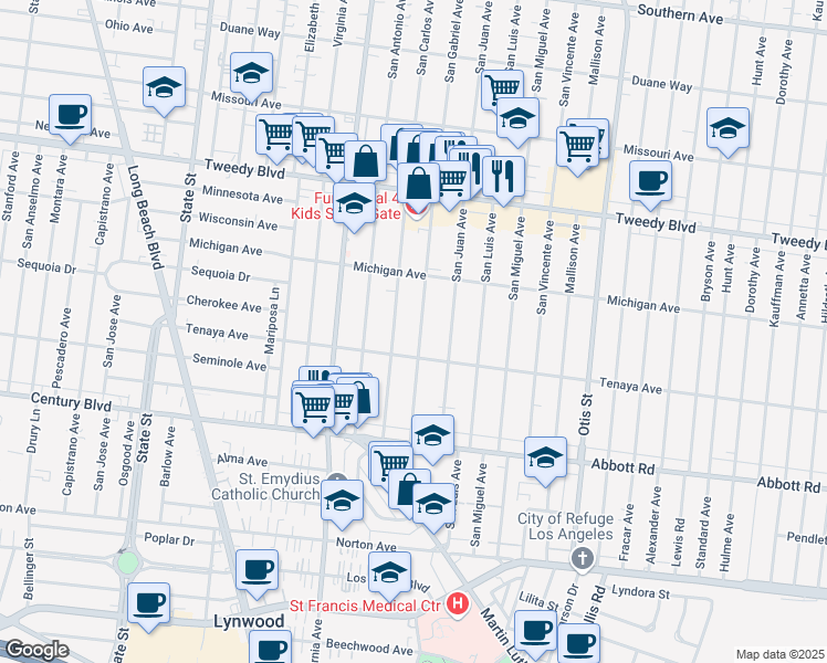 map of restaurants, bars, coffee shops, grocery stores, and more near 10329 San Gabriel Avenue in South Gate
