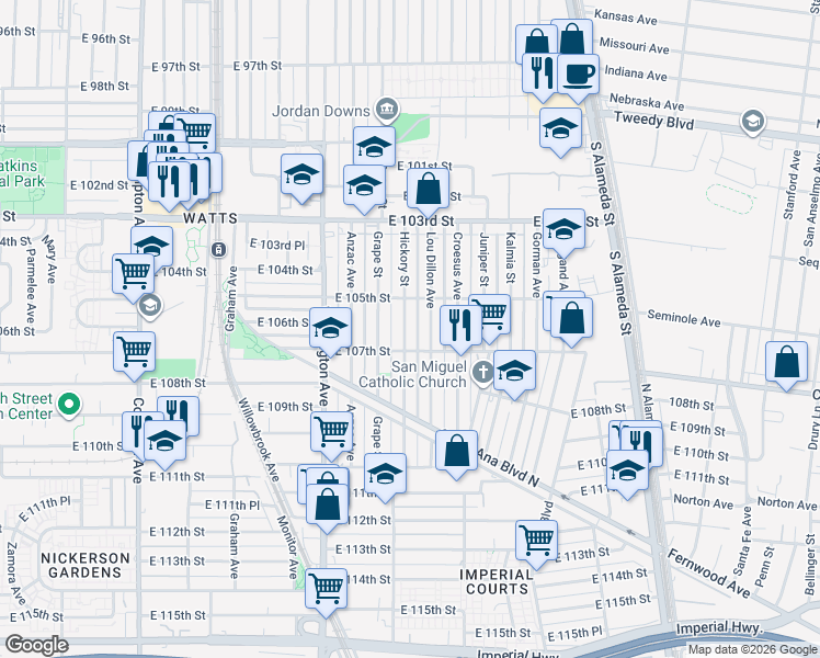 map of restaurants, bars, coffee shops, grocery stores, and more near 10604 Hickory Street in Los Angeles