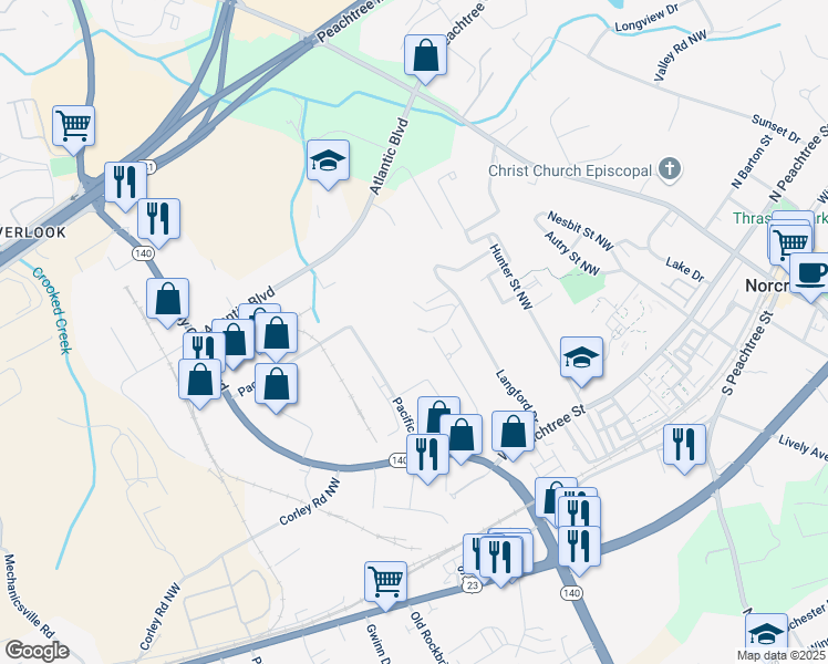 map of restaurants, bars, coffee shops, grocery stores, and more near 2830 Peterson Place Northwest in Norcross