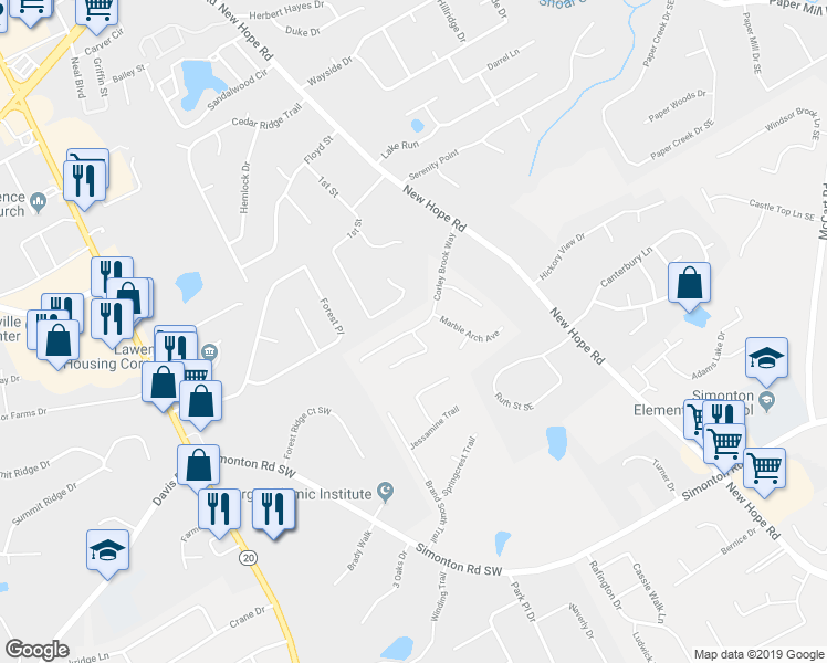 map of restaurants, bars, coffee shops, grocery stores, and more near 738 Corley Brook Way in Lawrenceville