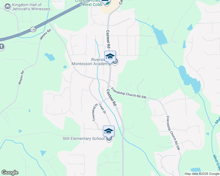 map of restaurants, bars, coffee shops, grocery stores, and more near 3891 Casteel Club Lane in Powder Springs