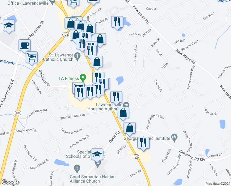 map of restaurants, bars, coffee shops, grocery stores, and more near 245 Kubol Drive in Lawrenceville