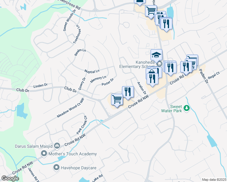 map of restaurants, bars, coffee shops, grocery stores, and more near 1311 Primrose View Circle Northwest in Lawrenceville