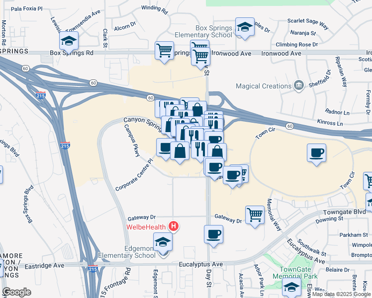 map of restaurants, bars, coffee shops, grocery stores, and more near 2851 Canyon Springs Parkway in Riverside