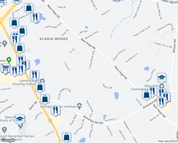 map of restaurants, bars, coffee shops, grocery stores, and more near 630 Corley Brook Way in Lawrenceville