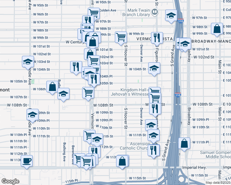 map of restaurants, bars, coffee shops, grocery stores, and more near 744 West 107th Street in Los Angeles