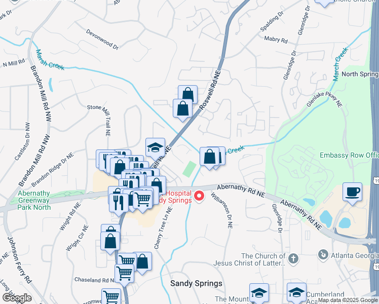 map of restaurants, bars, coffee shops, grocery stores, and more near 6701 Roswell Road in Atlanta