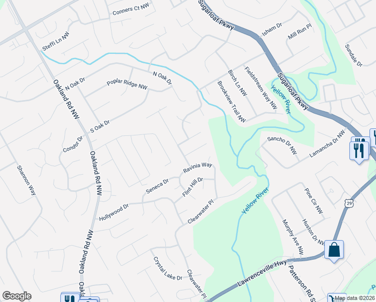 map of restaurants, bars, coffee shops, grocery stores, and more near 415 Ringtail Drive in Lawrenceville