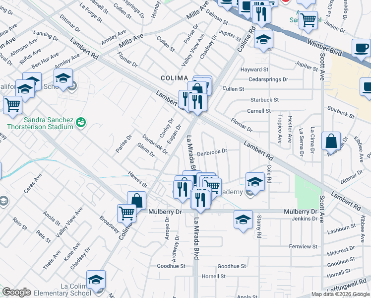 map of restaurants, bars, coffee shops, grocery stores, and more near 10441 La Mirada Boulevard in Whittier