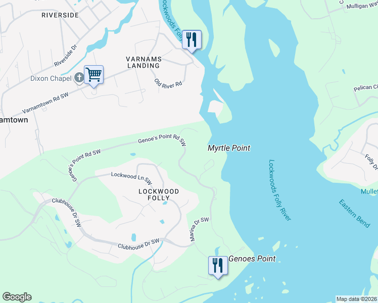 map of restaurants, bars, coffee shops, grocery stores, and more near 71 Myrtle Point Circle Southwest in Brunswick County
