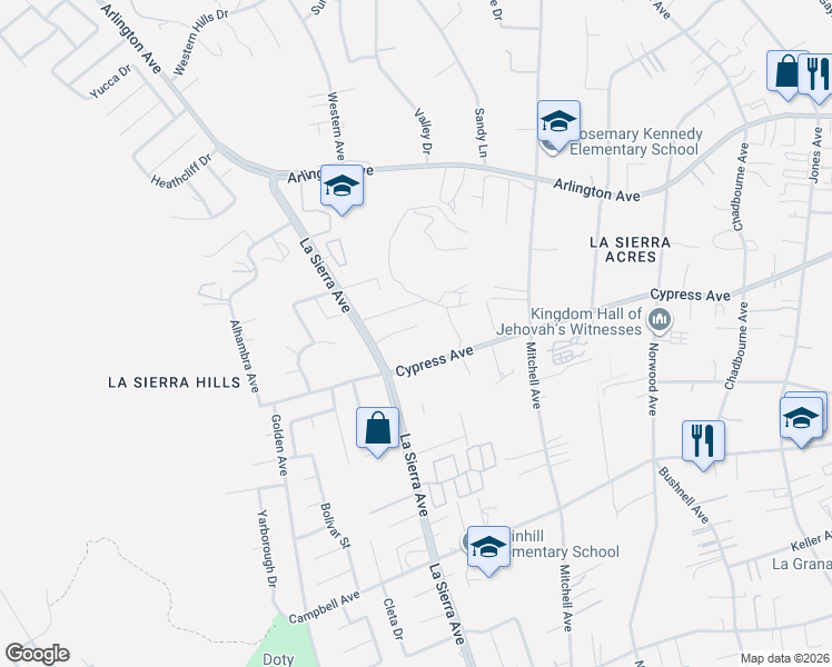 map of restaurants, bars, coffee shops, grocery stores, and more near 11004 Alpine Way in Riverside