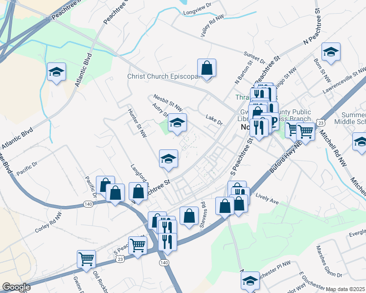 map of restaurants, bars, coffee shops, grocery stores, and more near 182 Hunter Street Northwest in Norcross