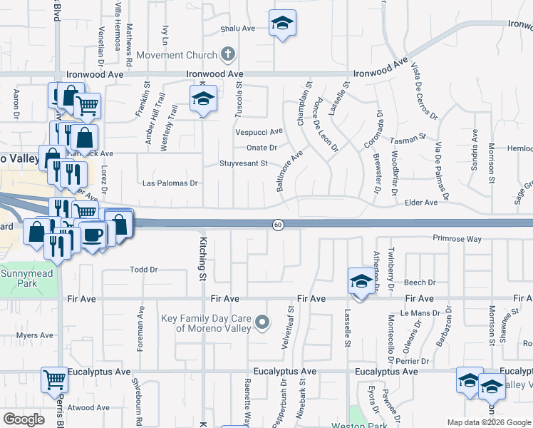 map of restaurants, bars, coffee shops, grocery stores, and more near 12519 Heartleaf Street in Moreno Valley
