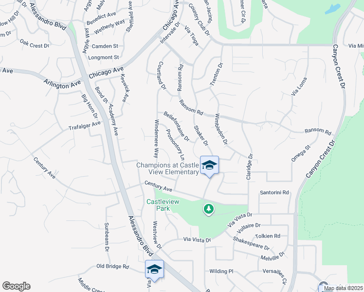 map of restaurants, bars, coffee shops, grocery stores, and more near 6156 Promontory Lane in Riverside