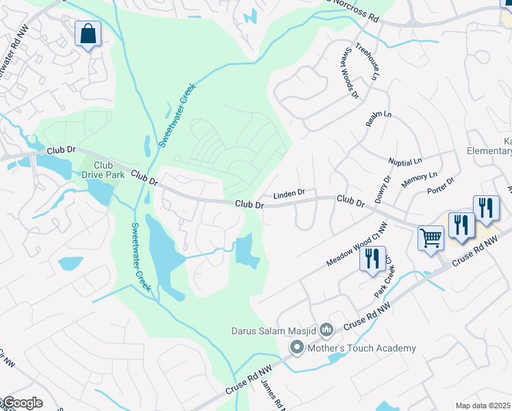 map of restaurants, bars, coffee shops, grocery stores, and more near 3183 Club Drive in Lawrenceville
