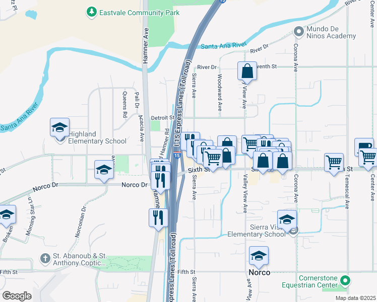map of restaurants, bars, coffee shops, grocery stores, and more near 4010 Sierra Avenue in Norco