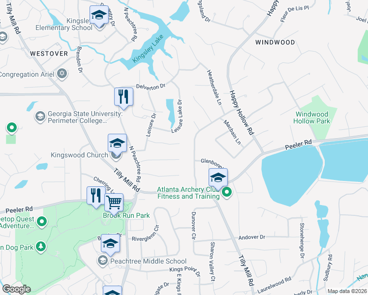 map of restaurants, bars, coffee shops, grocery stores, and more near 2379 Leisure Lane in Atlanta