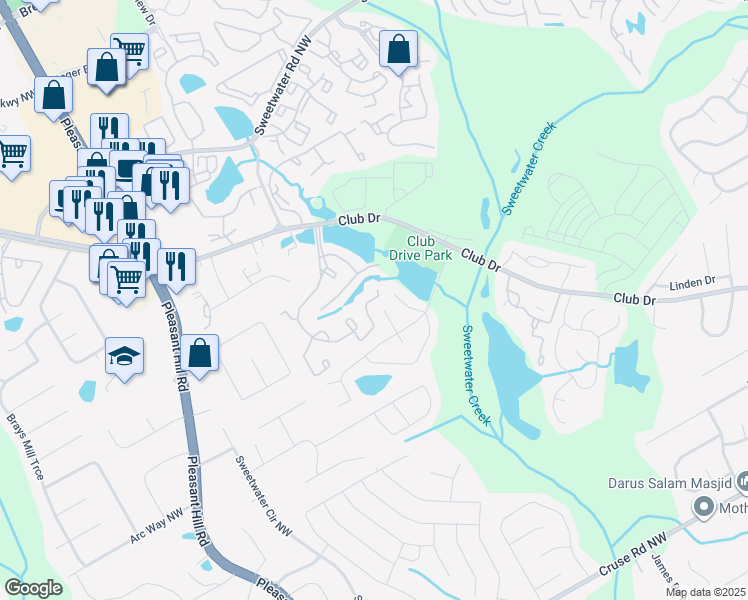 map of restaurants, bars, coffee shops, grocery stores, and more near 2501 Club Lakes Parkway in Lawrenceville