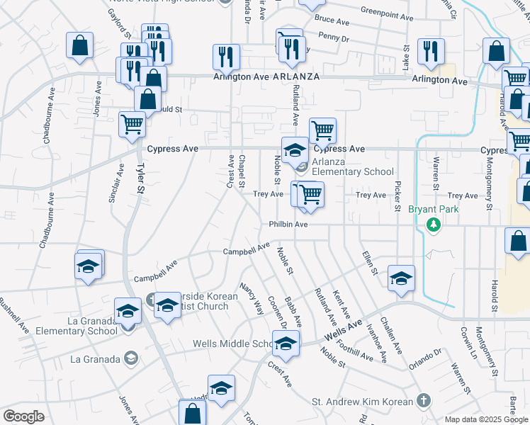 map of restaurants, bars, coffee shops, grocery stores, and more near 5749 Bee Jay Street in Riverside
