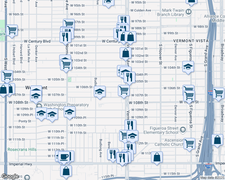 map of restaurants, bars, coffee shops, grocery stores, and more near 1052 West 106th Street in Los Angeles