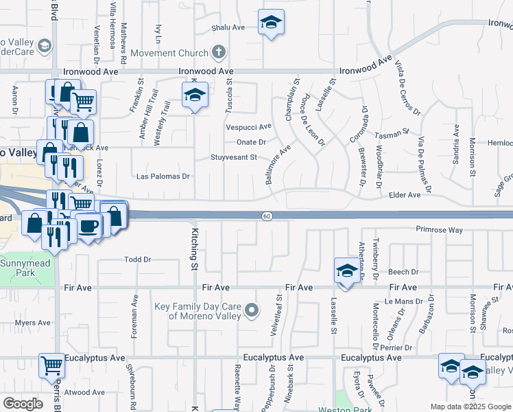 map of restaurants, bars, coffee shops, grocery stores, and more near 12519 Heartleaf Street in Moreno Valley