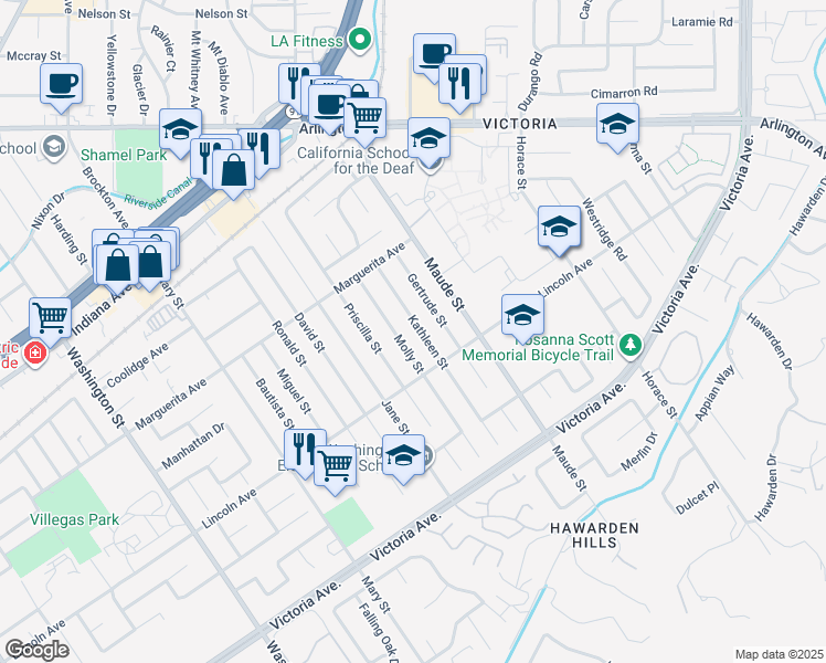 map of restaurants, bars, coffee shops, grocery stores, and more near 2956 Molly Street in Riverside