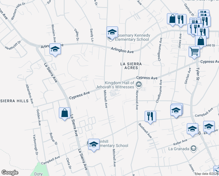 map of restaurants, bars, coffee shops, grocery stores, and more near 10776 Cypress Avenue in Riverside