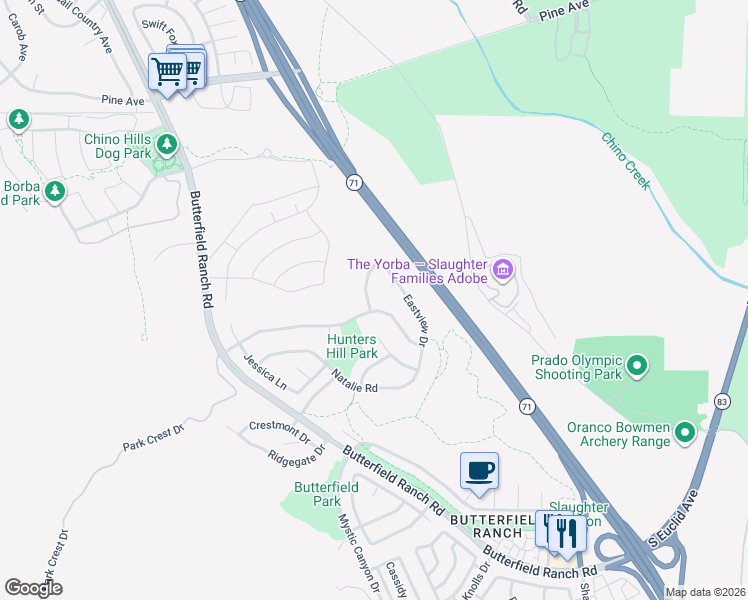 map of restaurants, bars, coffee shops, grocery stores, and more near 6119 Park Crest Drive in Chino Hills