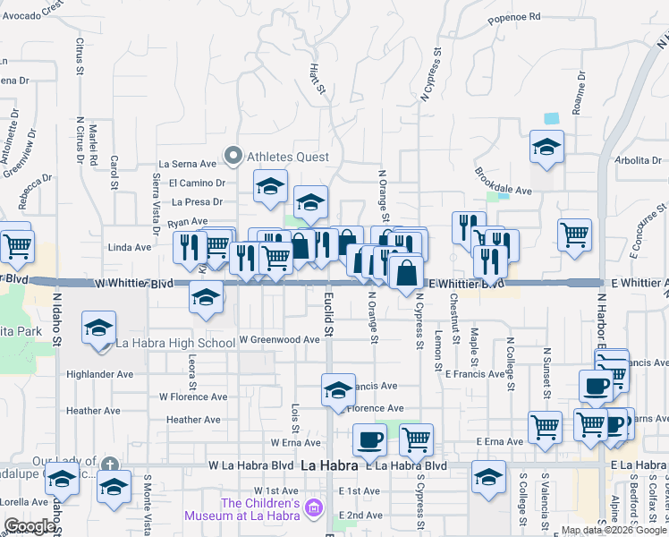 map of restaurants, bars, coffee shops, grocery stores, and more near in La Habra