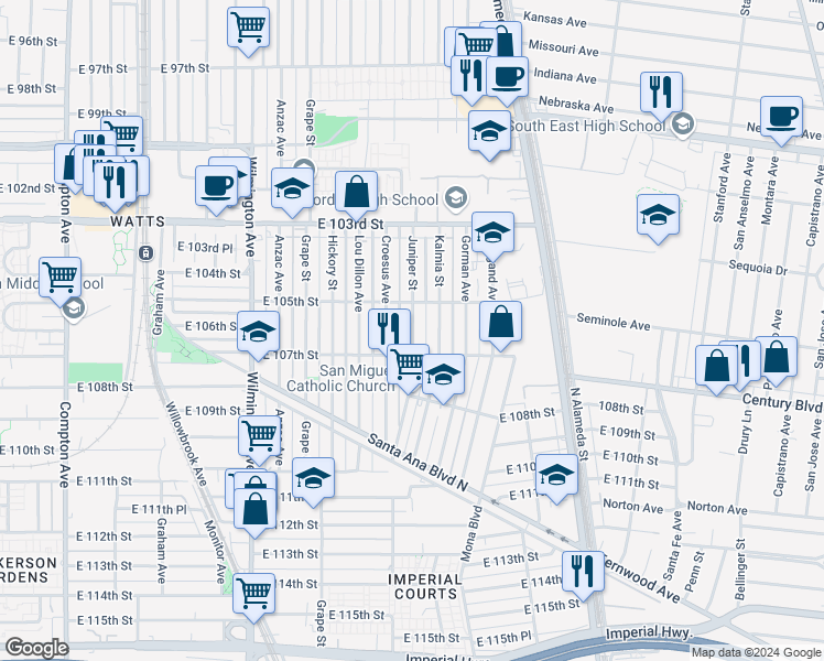map of restaurants, bars, coffee shops, grocery stores, and more near 10623 Juniper Street in Los Angeles
