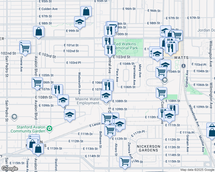 map of restaurants, bars, coffee shops, grocery stores, and more near 1209 East 107th Street in Los Angeles