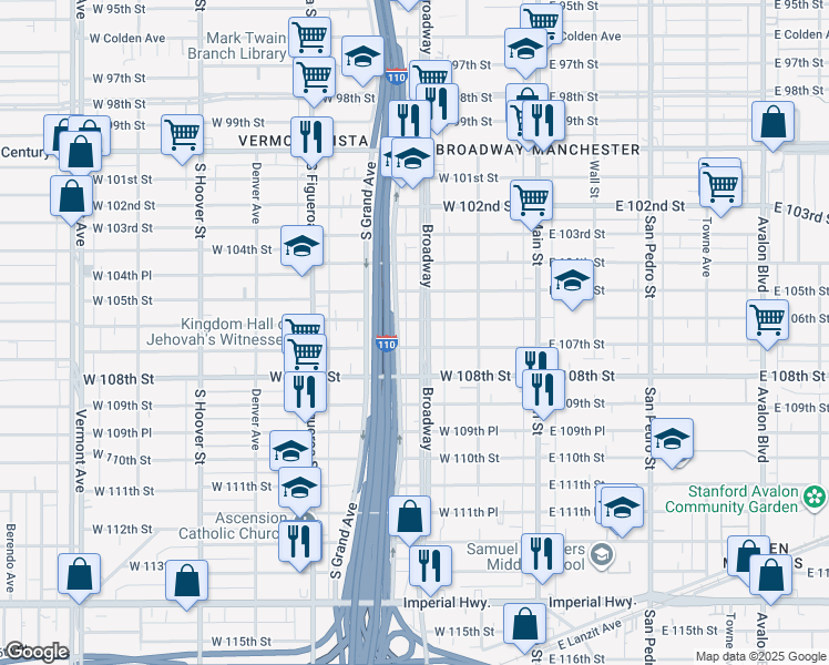 map of restaurants, bars, coffee shops, grocery stores, and more near 10704 South Broadway in Los Angeles