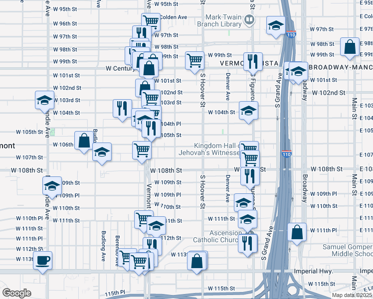 map of restaurants, bars, coffee shops, grocery stores, and more near 744 West 107th Street in Los Angeles
