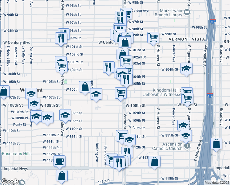 map of restaurants, bars, coffee shops, grocery stores, and more near 1029 West 107th Street in Los Angeles