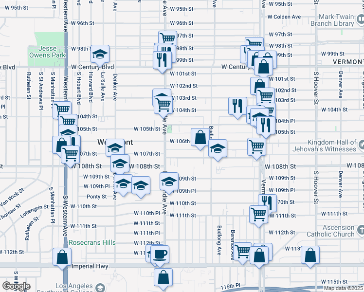 map of restaurants, bars, coffee shops, grocery stores, and more near 1323 West 107th Street in Los Angeles