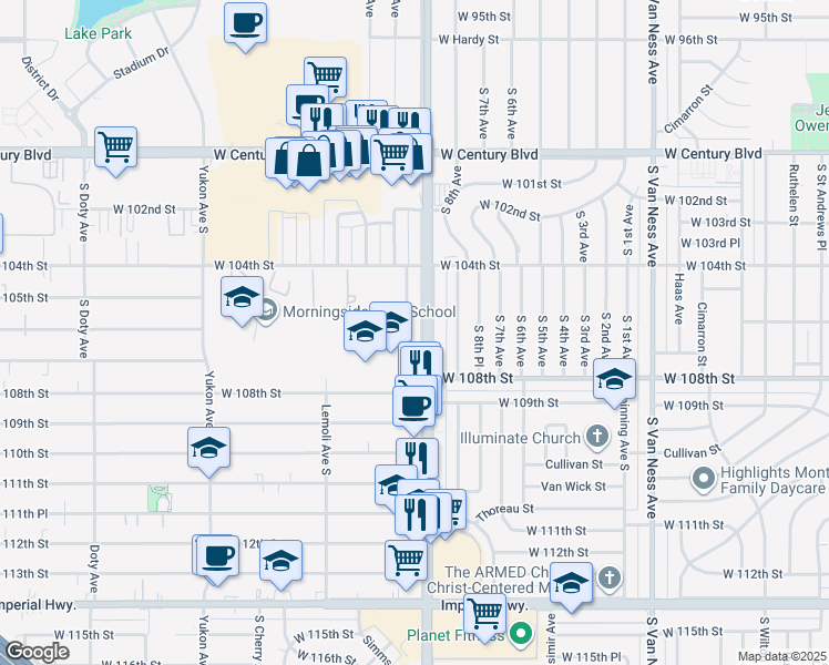 map of restaurants, bars, coffee shops, grocery stores, and more near 10711 South 10th Avenue in Inglewood