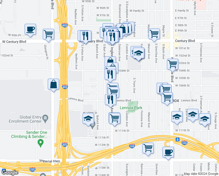 map of restaurants, bars, coffee shops, grocery stores, and more near 10710 South Burl Avenue in Lennox