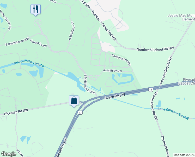 map of restaurants, bars, coffee shops, grocery stores, and more near Habersham Pl SE in Calabash